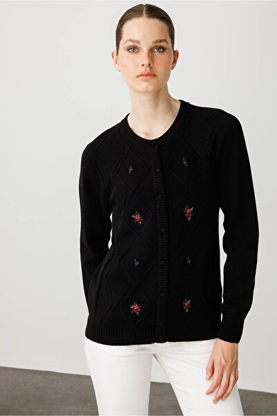 Desen Triko Women's Crew Neck Front Diamond Embroidery Embroidered Cardigan Black