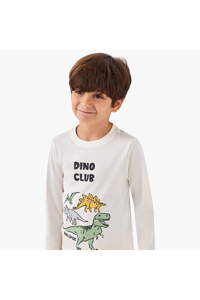 Juniors Dino Print Crew Neck T-shirt with Long Sleeves