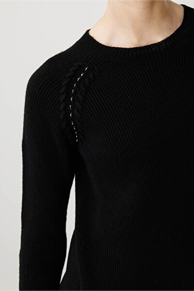 Desen Triko Women's Crew Neck Beaded Wool Sweater Black