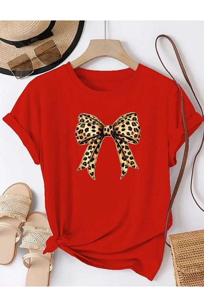 TekTarzz Trendy Tshirt with Leopard Ribbon Print Design