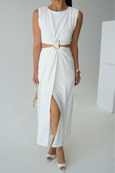 Distimi Women's Boat Neck Buckle Detailed Cut Out Dress Ecru