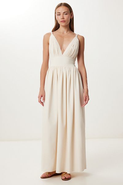 Lovelyİstanbul Halter Neck Long Linen Dress Lfg0036 Cream