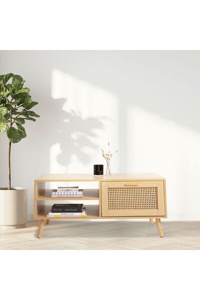 WoodenDecoration01 Masif Ahşap Tek Çekmece Raf Detaylı Orta Sehpa