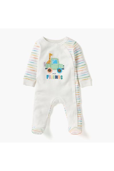 Juniors Striped Sleepsuit with Long Sleeves and Button Closure