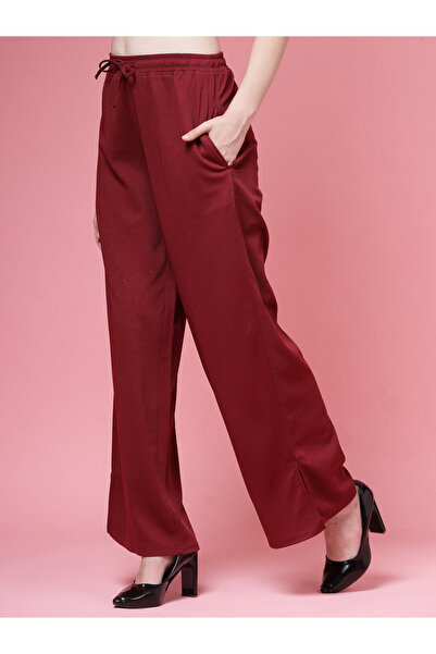 PAUSE By Styli Women Maroon Solid Drawstring Waist Wide Leg Pants