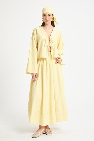 minaaise Sarı Çizgili Astarsız Poplin Beli Lastikli Uzun Etek 29277