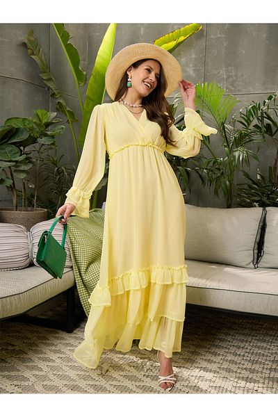 Sassafras By Styli Pleated Ruffled Detail V-Neck Flared Maxi Dress