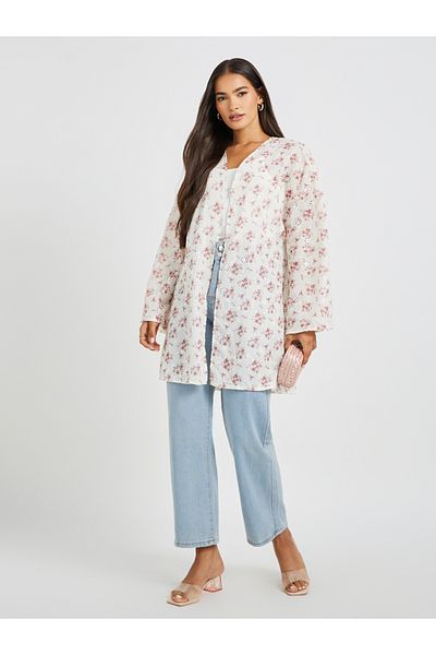 Styli Floral Printed Schiffli Longline Oversized Kimono