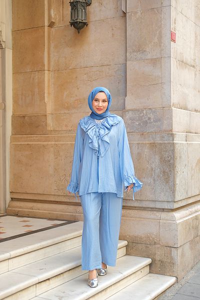 LOCCO Women's Ruffle Detail Double Suit Light Blue