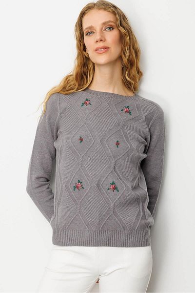 Desen Triko Women's Crew Neck Front Diamond Embroidery Embroidered Sweater Smoked