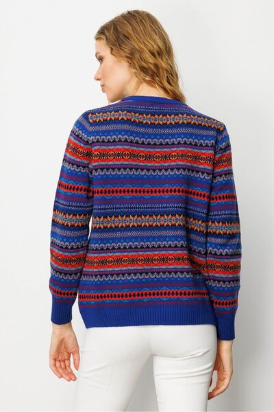Desen Triko Women's Crew Neck Complete Jacquard Wool Sweater K.S.Blue