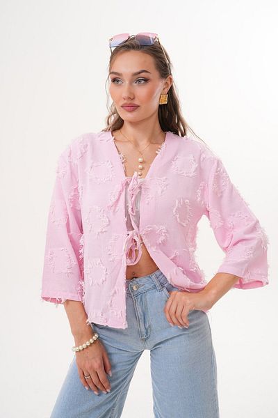 Laressi Jacquard Linen Kimono Shirt with Front Lace-Up