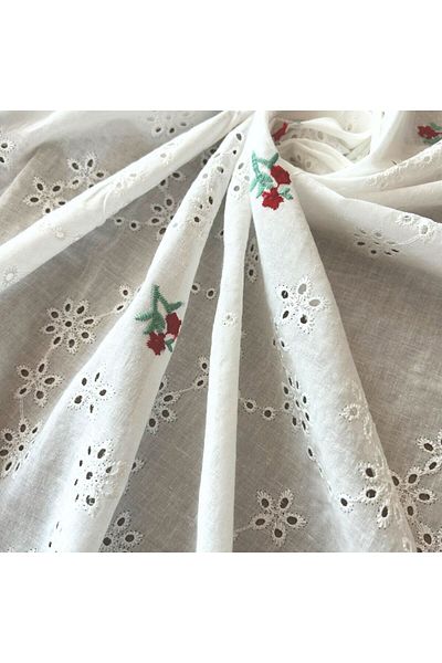 Doray Kumaş Cotton Voile Fabric / Floral Printed with Brode Embroidery / Dry 3004