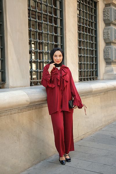 LOCCO Women's Ruffle Detail Double Suit Burgundy