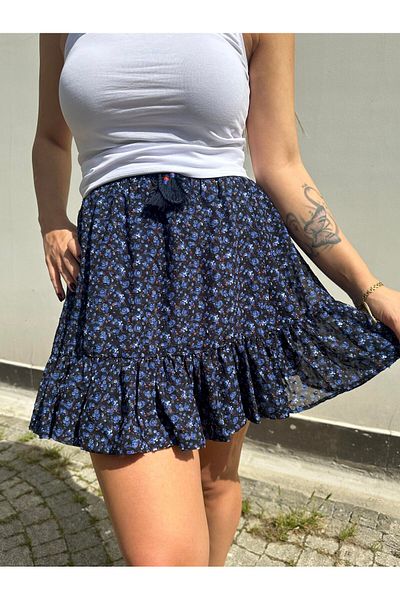 My Blog Fusta scurtă neagră cu model floral cu ciucuri - 41596