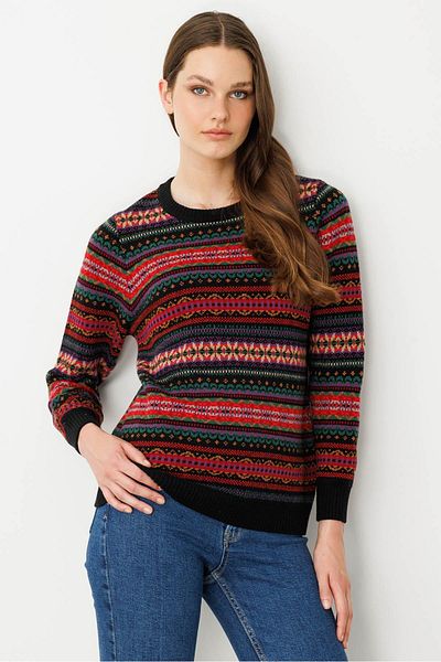 Desen Triko Women's Crew Neck Complete Jacquard Wool Sweater Black