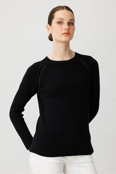 Desen Triko Women's Crew Neck Beaded Wool Sweater Black