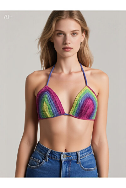 simarikcraft Renkli Merserize İp Örgü Bikini Üstü – El Yapımı – M/L