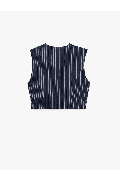 Koton Sleeveless Crew Neck Buttoned Viscose Striped Vest