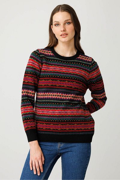 Desen Triko Women's Crew Neck Complete Jacquard Wool Sweater Black