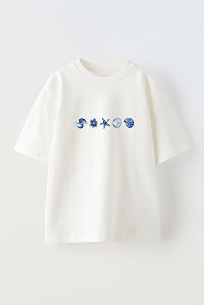 Anetos Μπλουζάκι Sea Shells Pre με τύπωμα Cotton White oversized