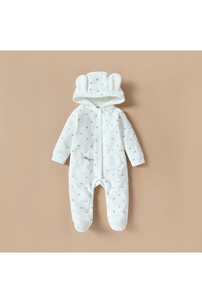 Juniors Polka Dot Print Hooded Velour Sleepsuit with Bunny Ear Accent