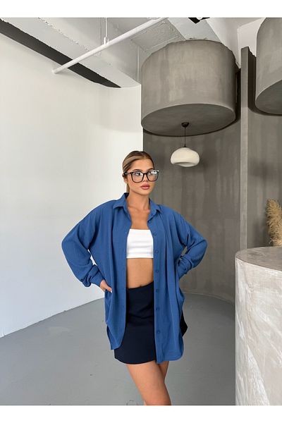 COMBİNE MİCHAİL Γυναικείο πουκάμισο Indigo Oversize λινό Ayrobin
