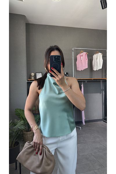 YOUR NAME Halter Neckline Backless Satin Blouse