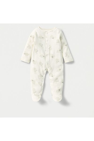 Juniors Bunny Print Ribbed Sleepsuit with Long Sleeves and Button Closure