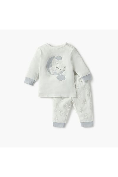 giggles Bear Applique Long Sleeves T-shirt and Pyjama Set