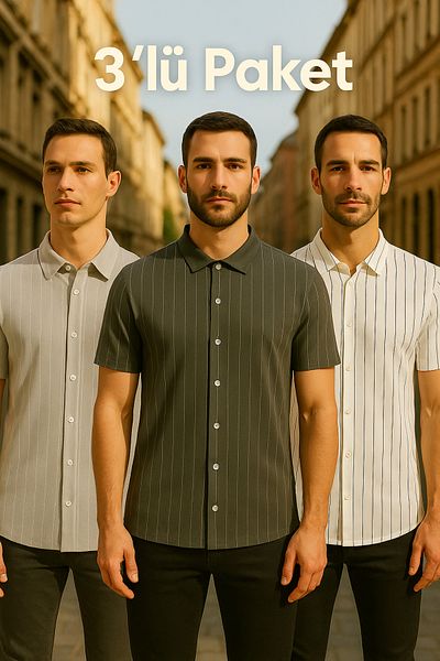 DAMGA JEANS Ανδρικό 3 πακέτο κοντομάνικο ριγέ φαρδύ πουκάμισο