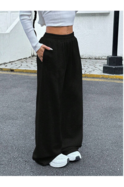 LOSSİA Γυναικείο μαύρο φαρδύ παντελόνι φόρμας μεγάλου μεγέθους, υψηλής ποιότη...