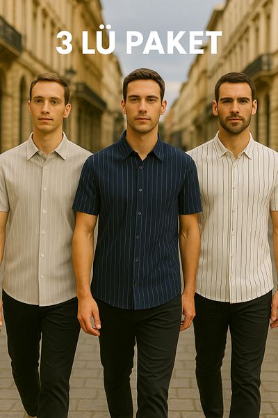 DAMGA JEANS Ανδρικό 3 πακέτο κοντομάνικο ριγέ φαρδύ πουκάμισο