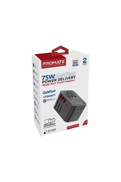 Promate GaNFast™ Power Delivery 75W Universal Travel Adapter with 3 USB-C Ports