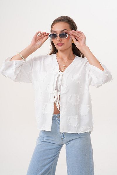 Laressi Jacquard Linen Kimono Shirt with Front Lace-Up