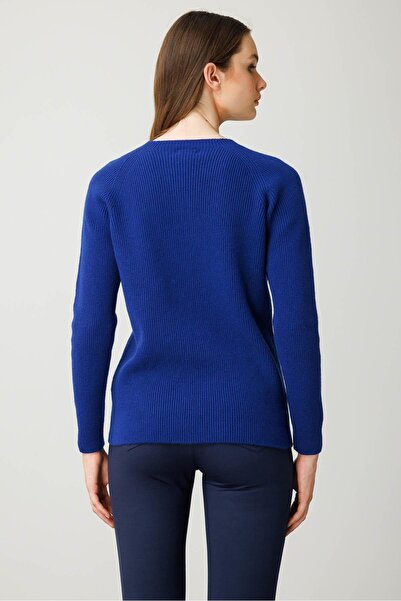 Desen Triko Kadın Sıfır Yaka Boncuklu Yün Kazak K.S.Mavi