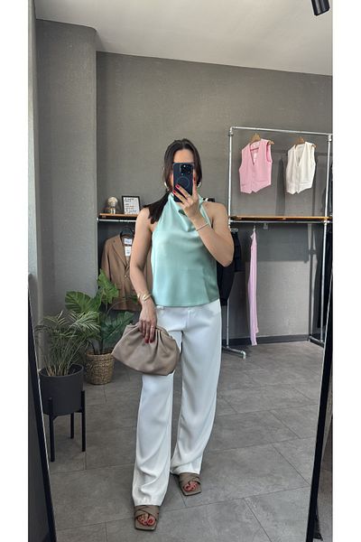 YOUR NAME Halter Neckline Backless Satin Blouse