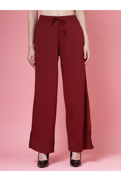 PAUSE By Styli Women Maroon Solid Drawstring Waist Wide Leg Pants