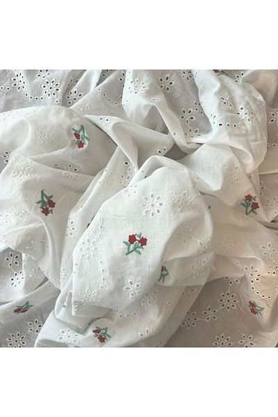 Doray Kumaş Cotton Voile Fabric / Floral Printed with Brode Embroidery / Dry 3004