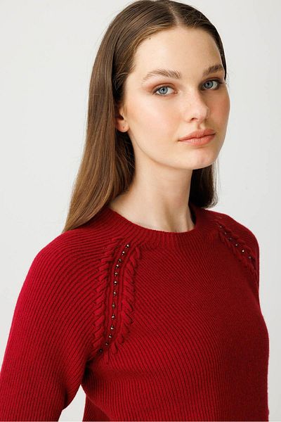 Desen Triko Women's Crew Neck Beaded Wool Sweater V.Rot