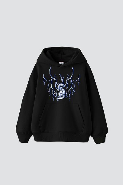 Sekizbiraltı Future Yıldırım Baskılı Oversize Unisex Μαύρο Hoodie