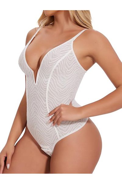Joyshaper Body modelator pentru femei, cu decolteu adânc în V, dantelă, body tanga, fără mâneci, top camisol