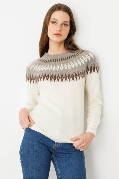Desen Triko Women's Crew Neck Robe Diamond Wool Sweater Bone