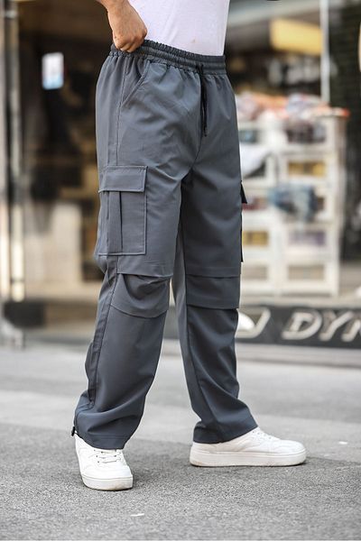 a02teks Baggy Pants with Cargo Pockets, Adjustable Drawstring, Casual Cut Parachute Pants, Smoked