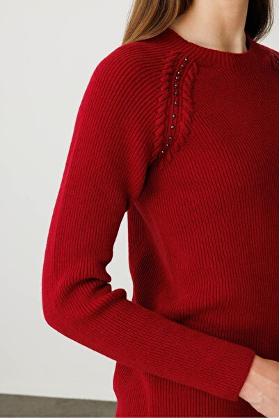 Desen Triko Women's Crew Neck Beaded Wool Sweater V.Rot