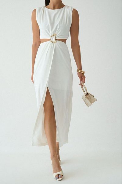 Distimi Women's Boat Neck Buckle Detailed Cut Out Dress Ecru