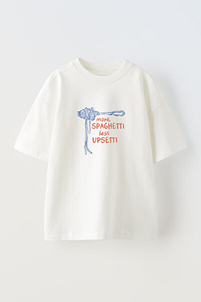 Anetos تي شيرت أبيض كبير الحجم من القطن مطبوع عليه More Spaghetti من الأمام