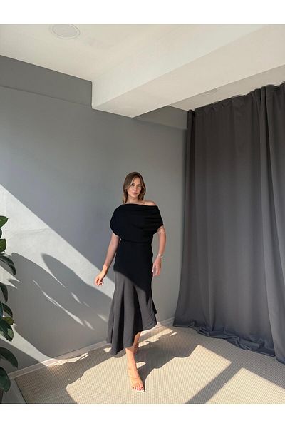 AlisaSu Women's Draped Asymmetrical Dress with Gathered Detail on the Shoulders