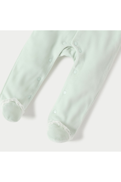 giggles Lace Detail Closed Feet Velour Sleepsuit with Long Sleeves and Button Closure