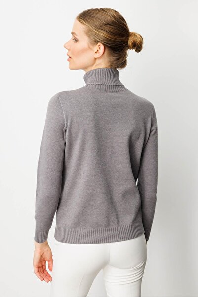 Desen Triko Women's Full Turtleneck Front Diamond Embroidery Embroidered Sweater Smoked